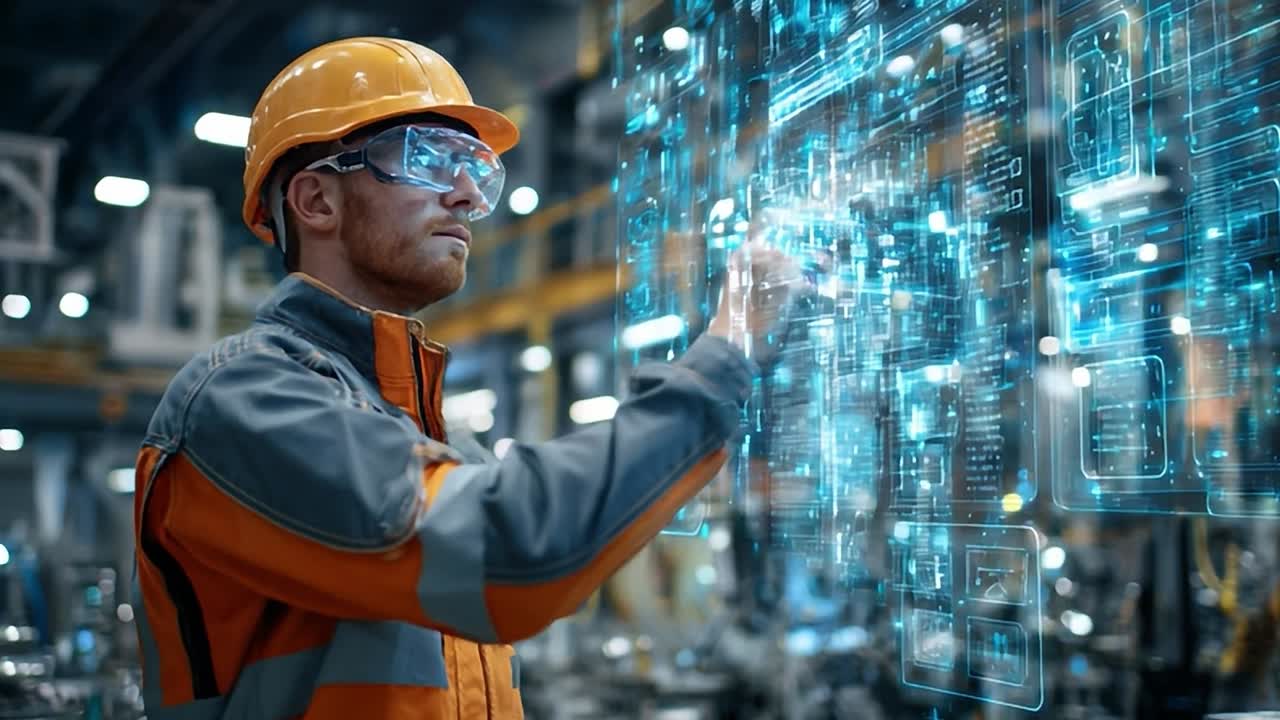Worker interacting with digital interface in modern industrial setting