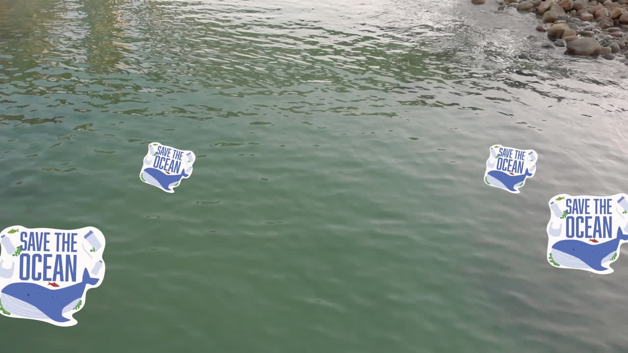 경관 위에 save the ocean 텍스트, 지속 가능성 및 생태학 아이콘의 애니메이션