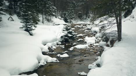 small stream flowing in winter with chunks of ice and snow surrounding it