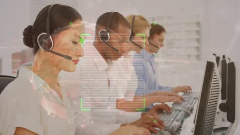 Animation-of-data-processing-over-diverse-business-people-using-phone-headsets