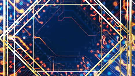 animation of glowing lines and circuit board over blue background