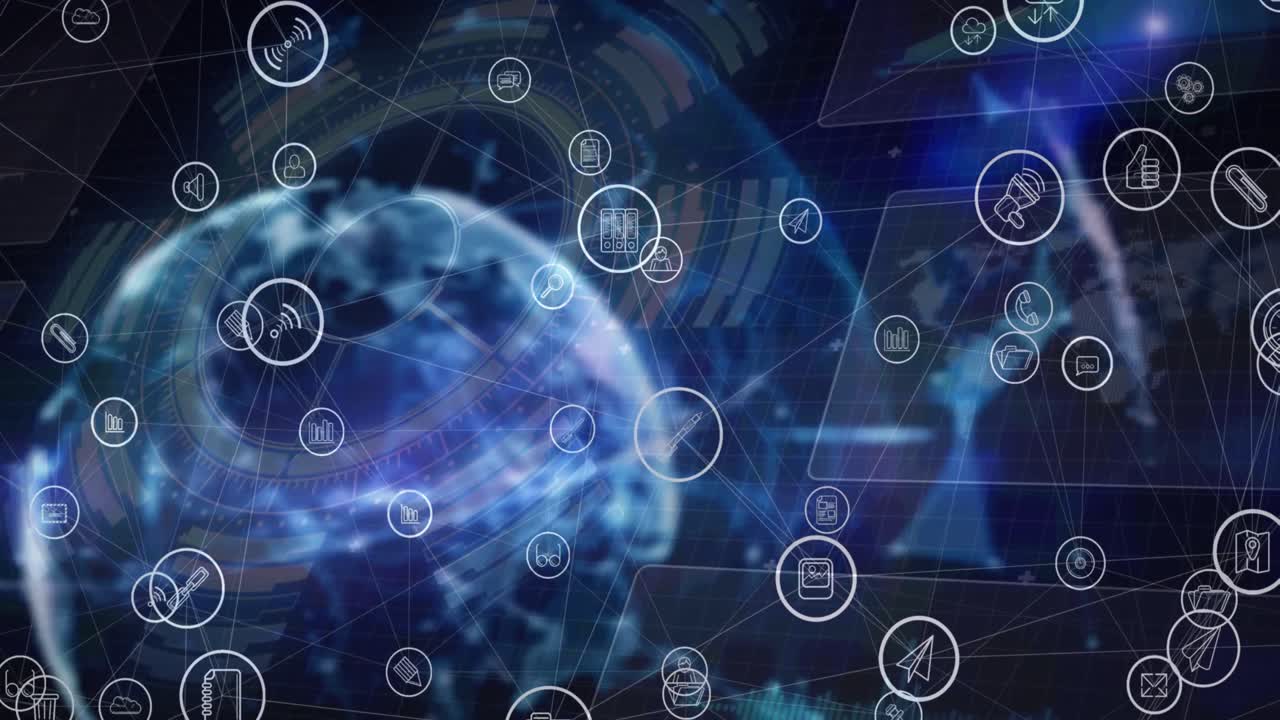 animación de la red de conexiones, iconos y procesamiento de datos en todo el mundo