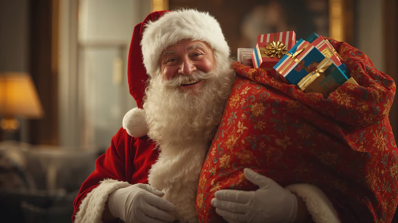 Opening showing Santa holding gift sack, shifting gaze and smiling, spreading cheer in living room