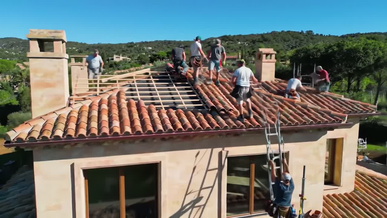 A team works diligently to install tiles on the roof of a spacious house nestled in a picturesque landscape.