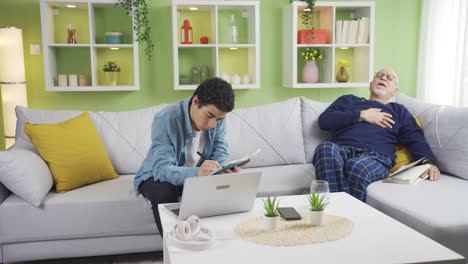 when the grandson, who lives at home, sees that his grandfather is sick, he tries to help him in a panic.