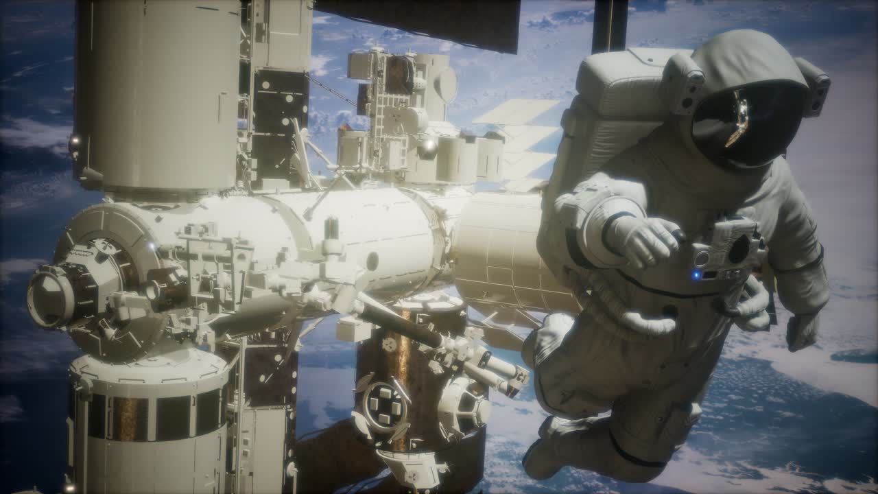 지구 위의 우주 공간에 있는 국제 우주 정거장과 우주 비행사