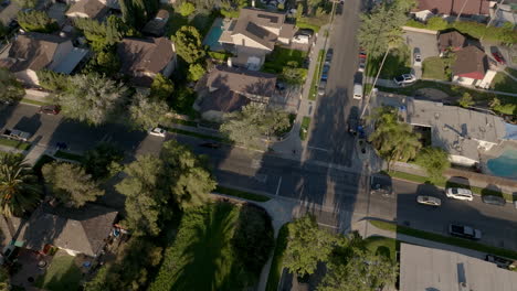 from a height, you can observe los angeles, where a district with a large number of streets and roads is depicted, and many trees are visible on the roadside