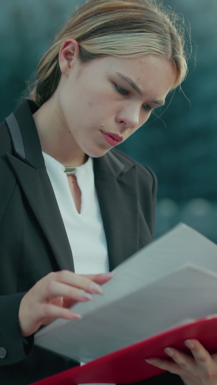 Female CEO reviewing red folder near iron railing with glass office building reflecting city surroundings and sunlight ambiance, portraying modern leadership
