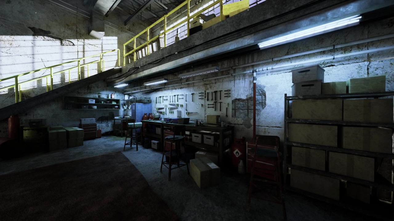 Warehouse storage space subtly illuminated with organized crates and beams