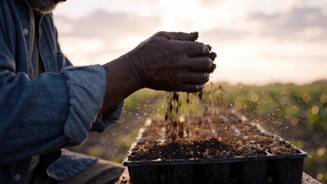Hands Engaging in Soil Preparation for Planting at Sunset, Demonstrating Agriculture and Gardening Techniques with Careful Attention to Growth and Nature's Beauty
