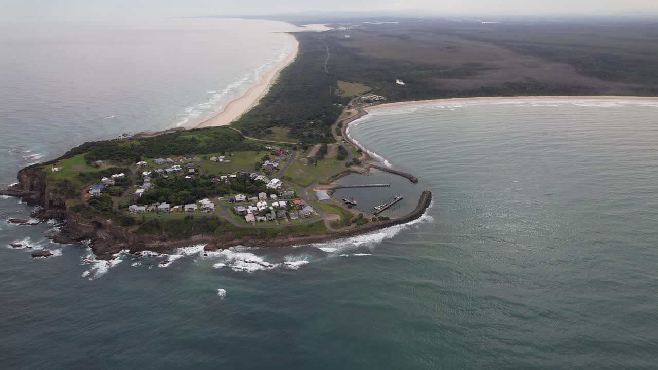 Panoramic View Over Crowdy Head With Harrington Beach And Kylies Beach, NSW, Australia - Drone Shot
