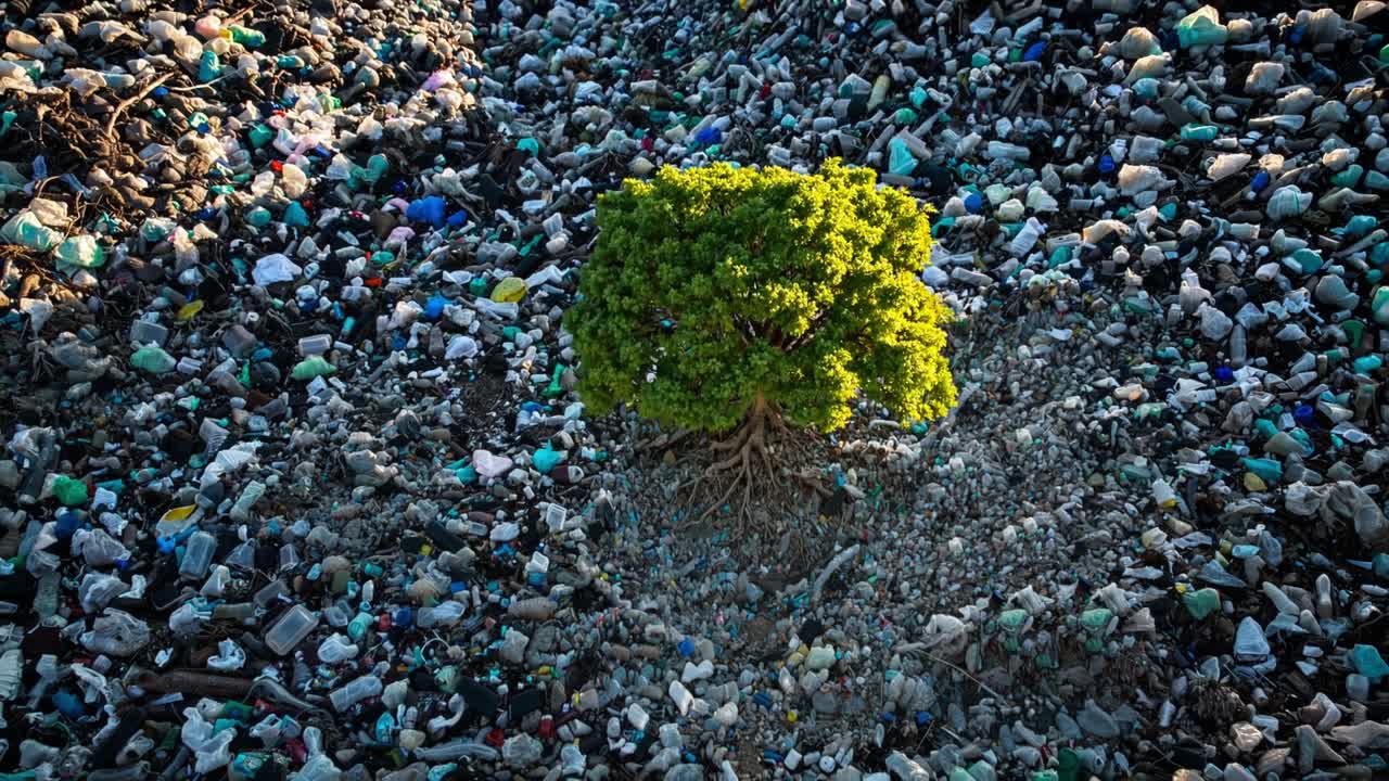 A solitary tree stands resilient amidst a vast expanse of plastic debris in an urban environment, emphasizing the urgent need for environmental protection and waste management solutions.