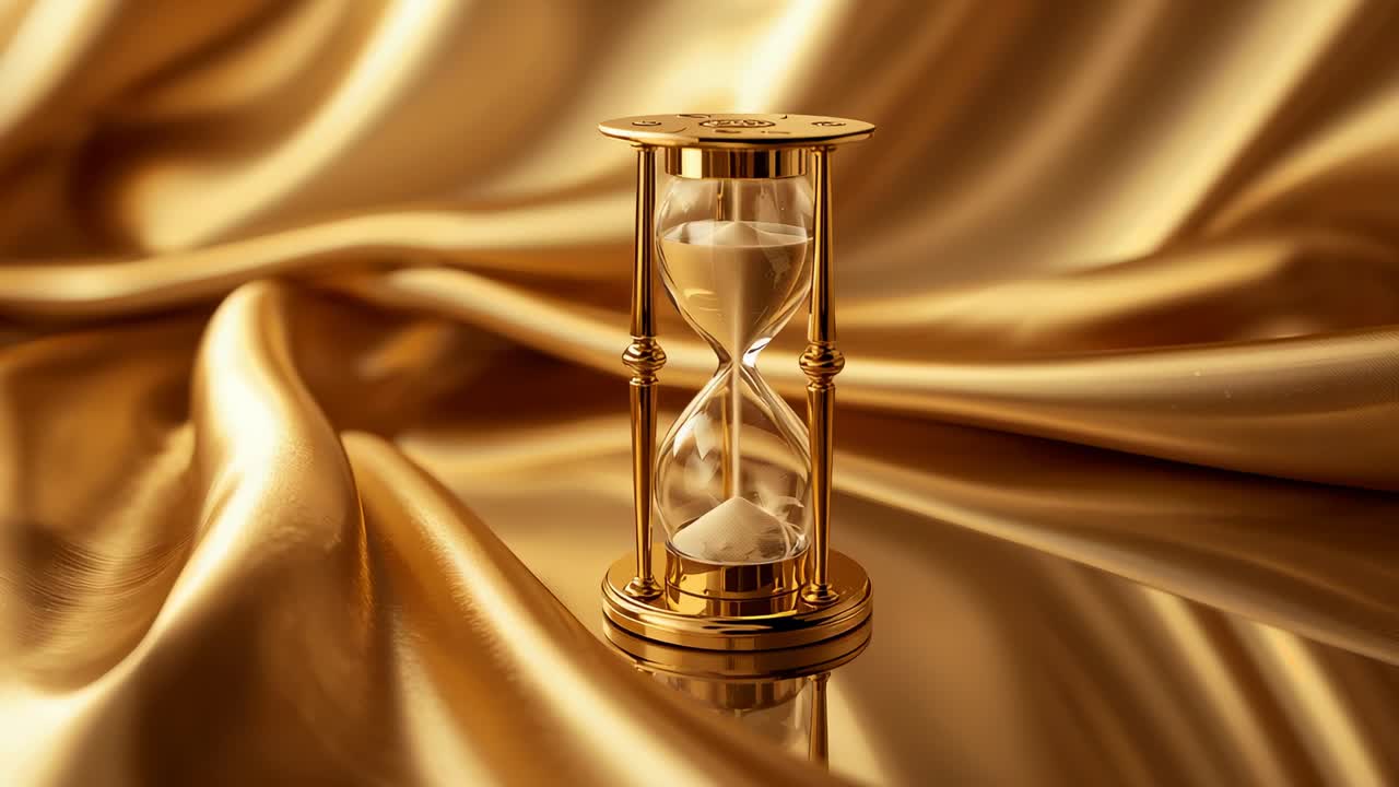 Ornate gold hourglass trickling fine sand in studio on satin drape, illustrating passage of time