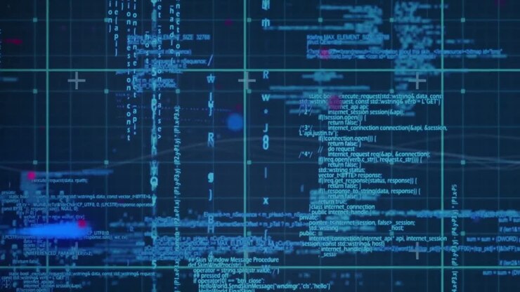 Animation of dots moving over data processing on digital blue screen