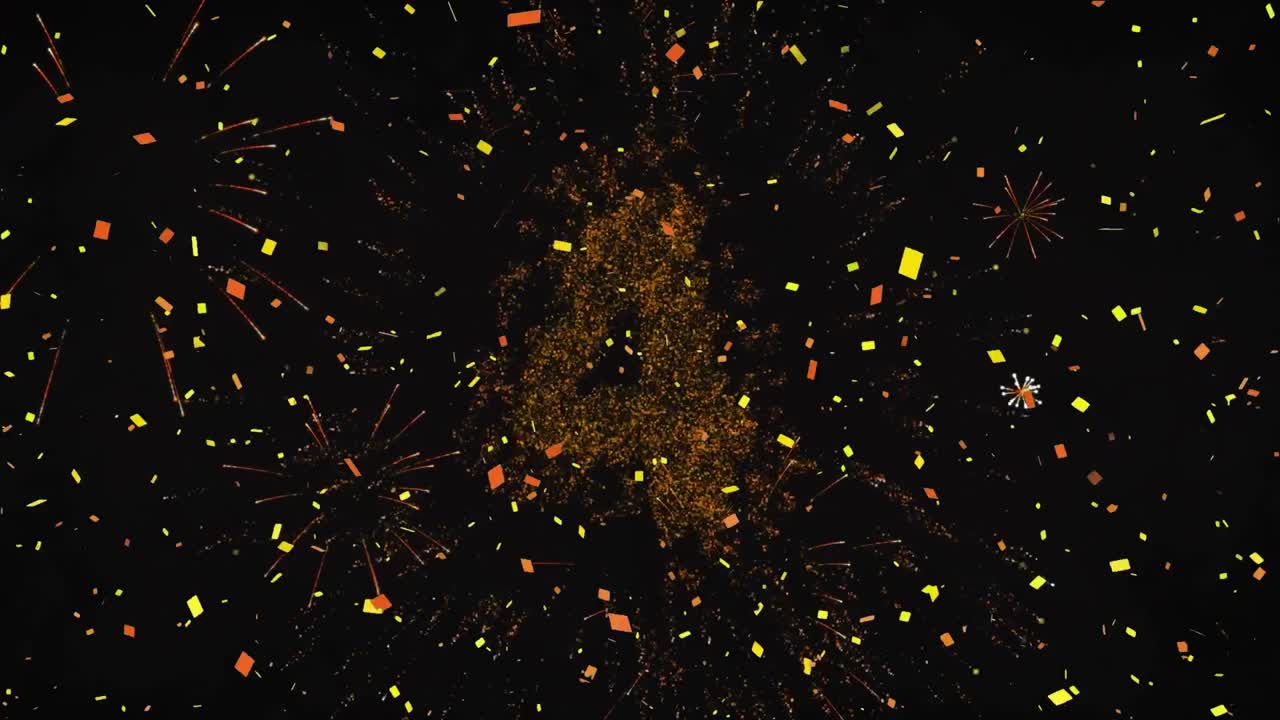Animation of glittering numbers counting down to new year from 10 to 0 with confetti in night sky