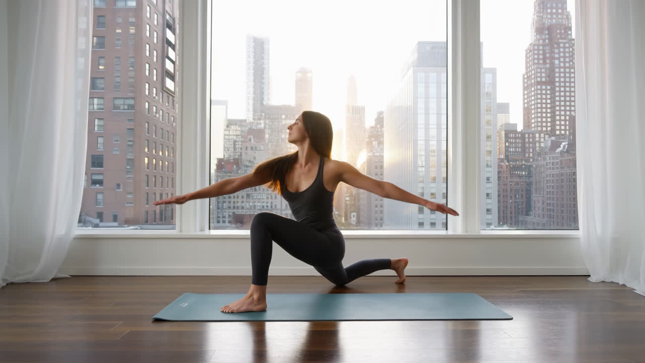 Woman Practicing Yoga Lunge Pose in Modern City Apartment