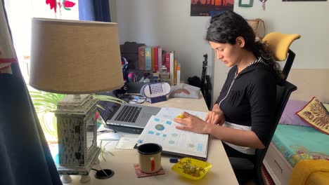 una mujer maravillosa está leyendo un libro en irán teherán en casa en el diseño de la habitación es mínimo tiene color simple decorativo luz escritorio trabajo a distancia curso en línea en pandemia persa tradicional cortina hecha a mano