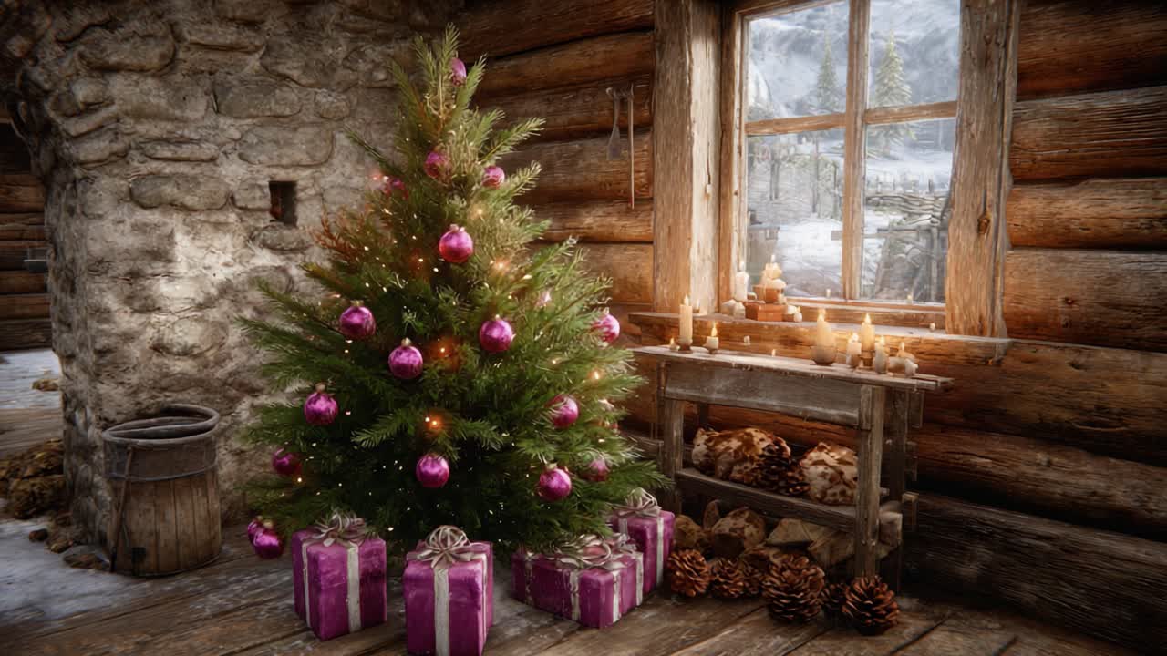 A Cozy Winter Scene Featuring a Beautifully Decorated Christmas Tree Surrounded by Presents, Candles, and Natural Elements in a Rustic Cabin Setting