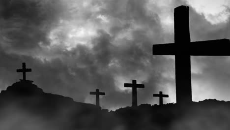 five pillars of a cross silhouette against a thunderstorm background