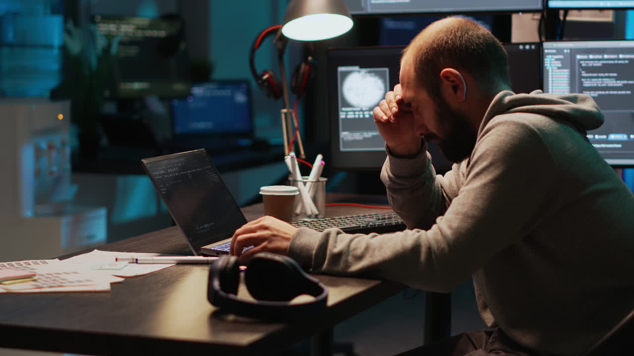 Tired programmer working on computer