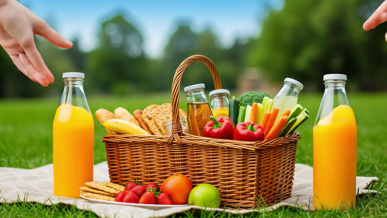 Enjoying a Vibrant Picnic Basket Filled with Fresh Vegetables, Juicy Fruits, and Refreshing Beverages Amidst a Beautiful Green Lawn