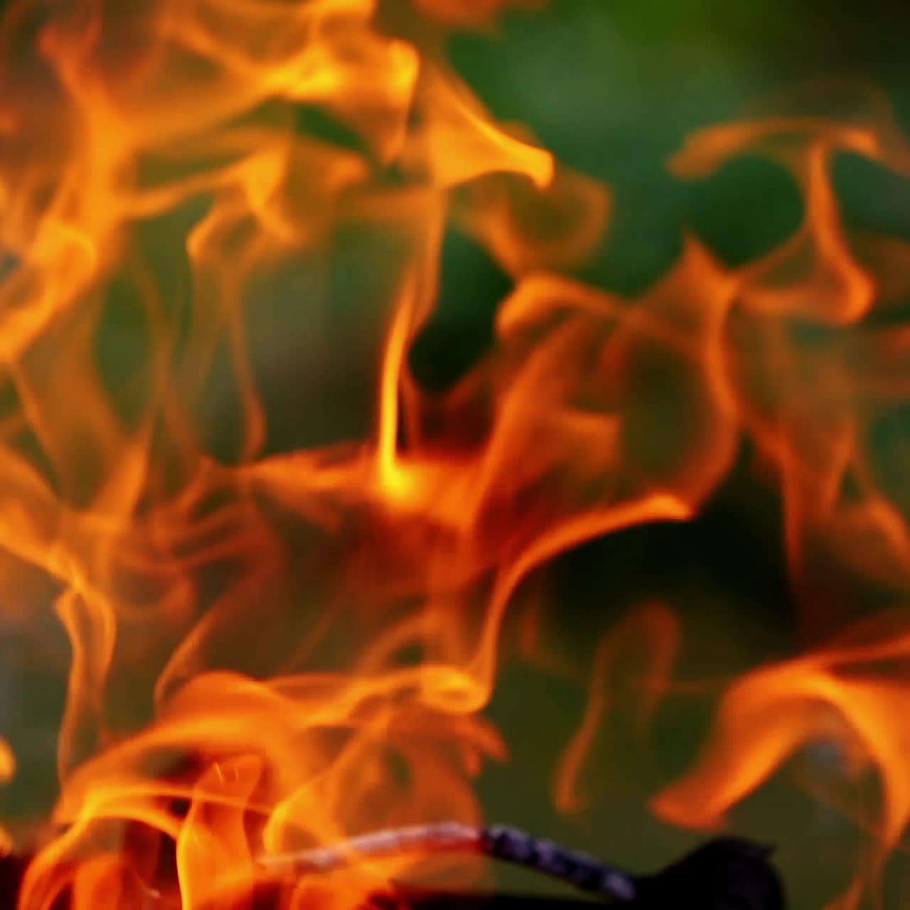 Detailed motion of vivid flame. Twisting tongues of dancing fire. Orange fire flame and slight smoke on blur background. Close-up. Slow motion.