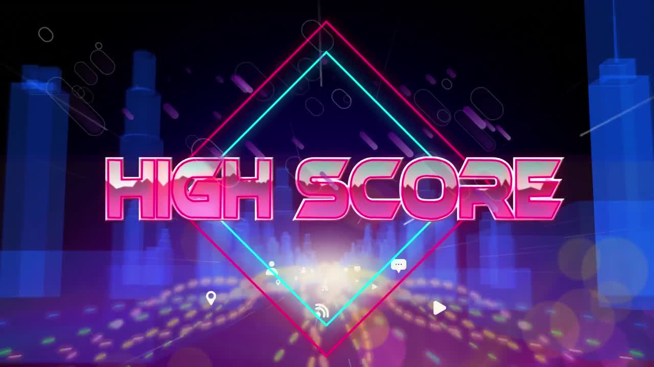 도시 풍경과 그리드 위에 금속 분홍색 글자로 높은 점수 텍스트의 애니메이션