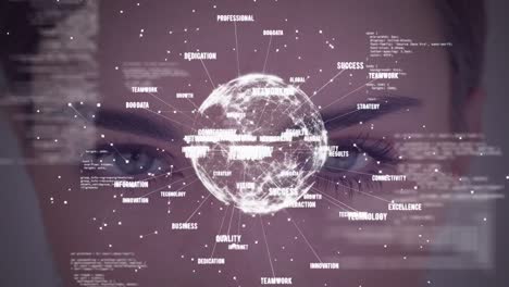 Animation-of-globe-with-network-of-words-data-processing-against-woman's-face