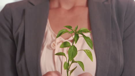 smiling woman holding a little plant with soil