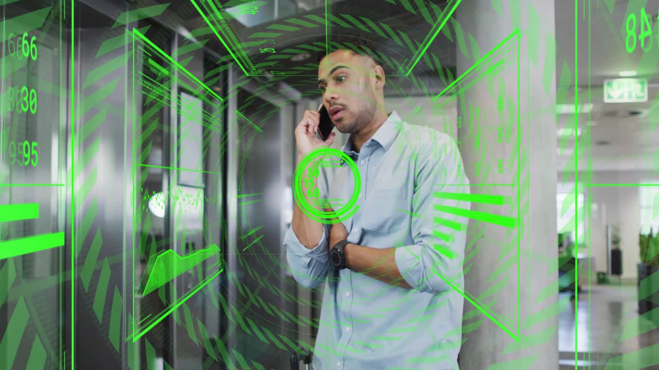 Businessman on call checking watch and starting green HUD around chest showing data panels