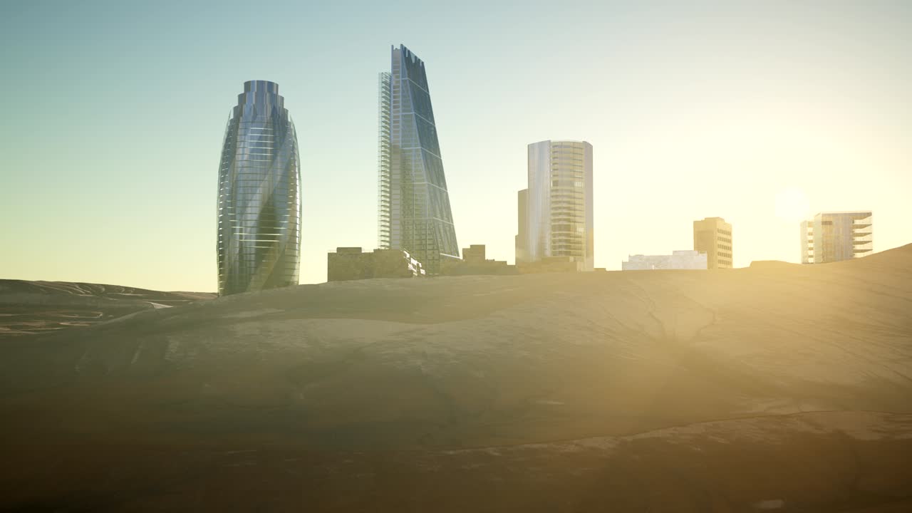 rascacielos de la ciudad en el desierto al atardecer
