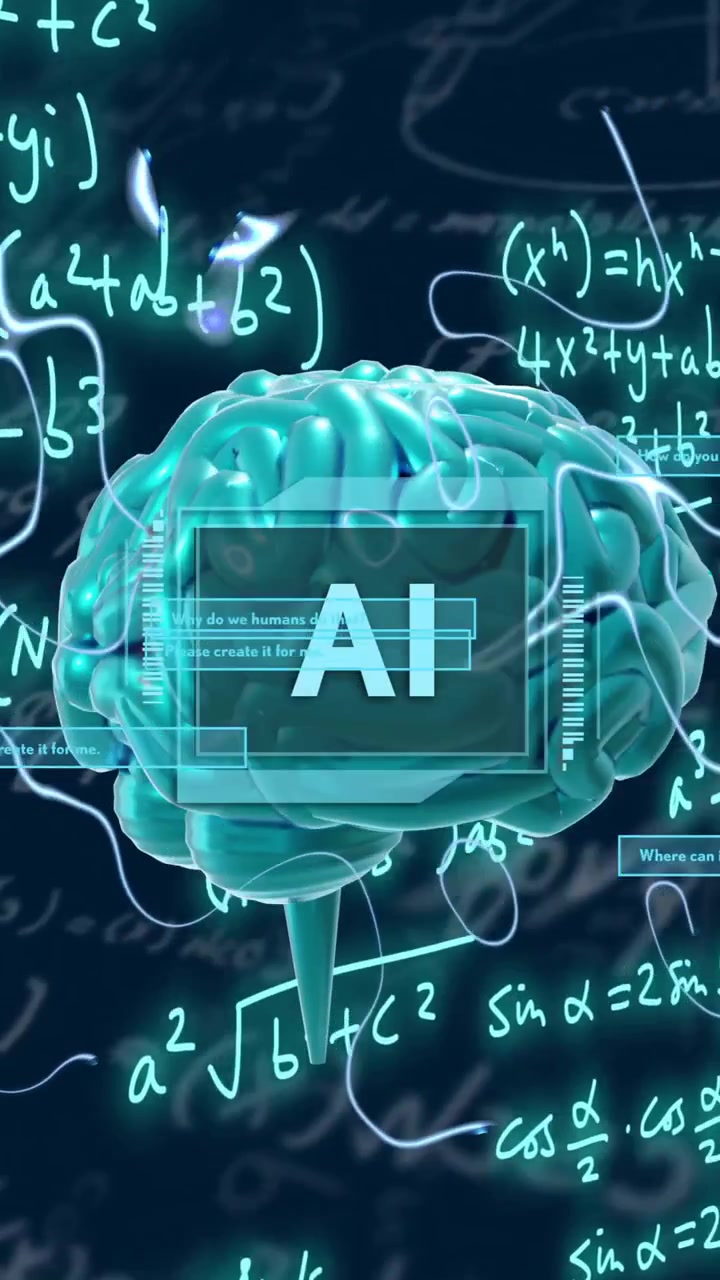 Animation of spinning brain and ai text over mathematical equations and figures