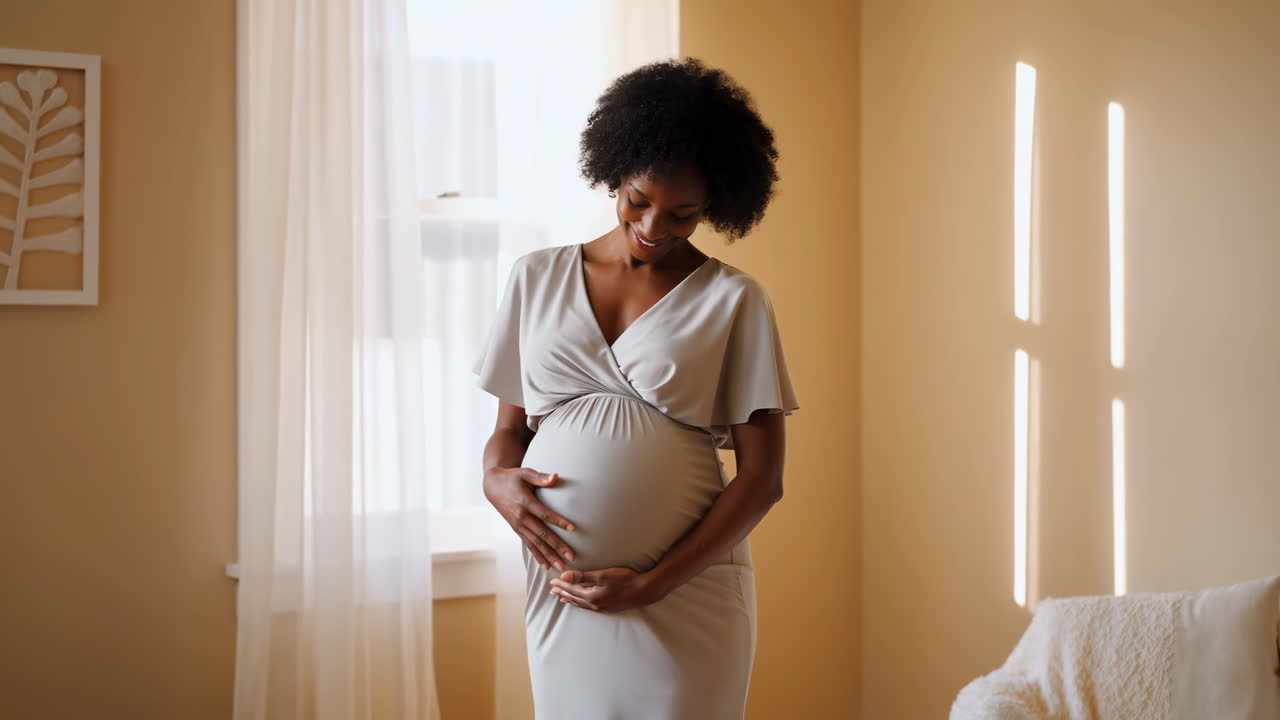 Femme noire enceinte et heureuse berçant doucement son ventre à la maison