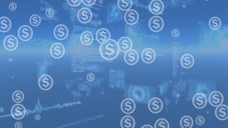 animation of financial data processing over blue background