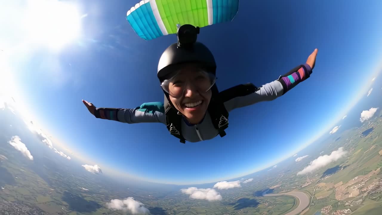 Video aereo di un paracadutista che sorride a mezz'aria, ripreso da una prospettiva grandangolare.