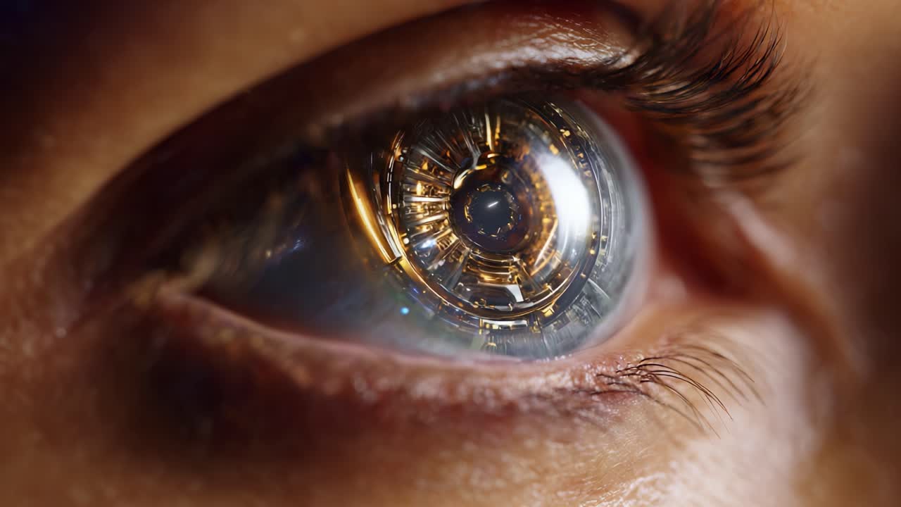 Primo piano di un occhio futuristico con tecnologia avanzata integrata, che mostra ingranaggi e luci intricati all'interno, raffigurando una miscela di biologia e macchinari in dettaglio