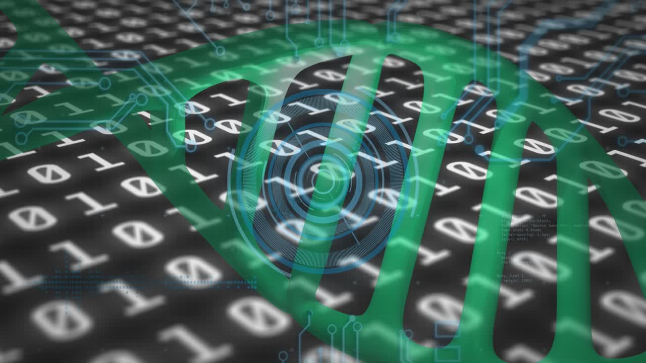 Animation of dna, binary codes with hud processing on digital interface