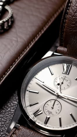 close-up of a watch and leather wallet
