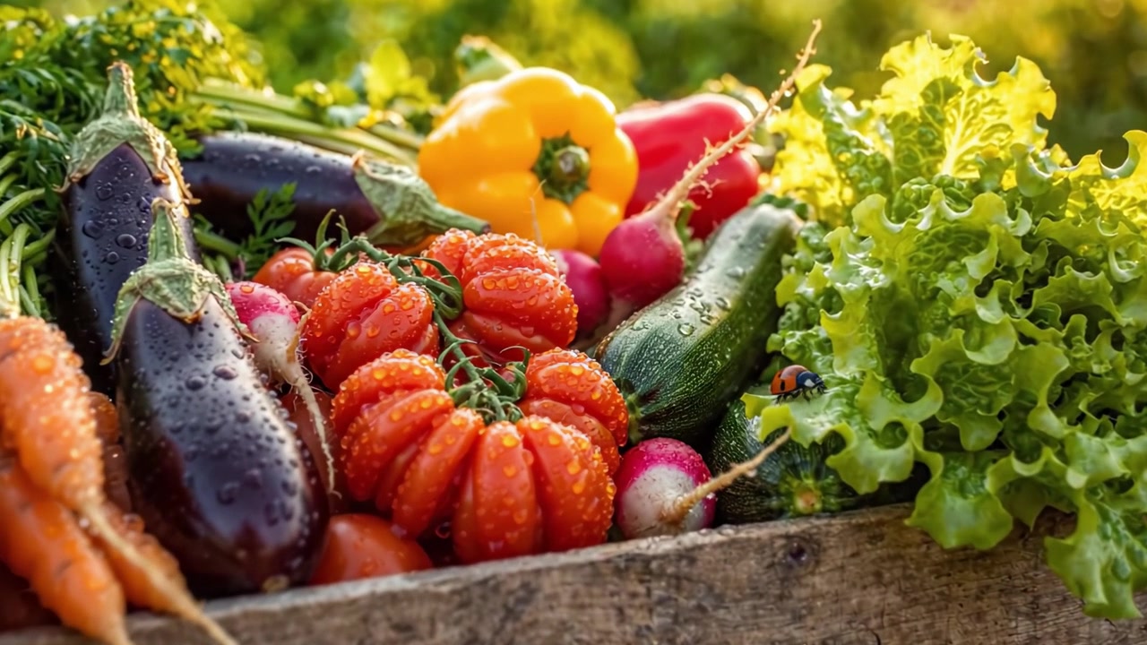 Una Cosecha Abundante: Verduras recién cosechadas exhibidas en una caja de madera rústica, rebosantes de colores vibrantes y belleza natural bajo la suave luz del atardecer.