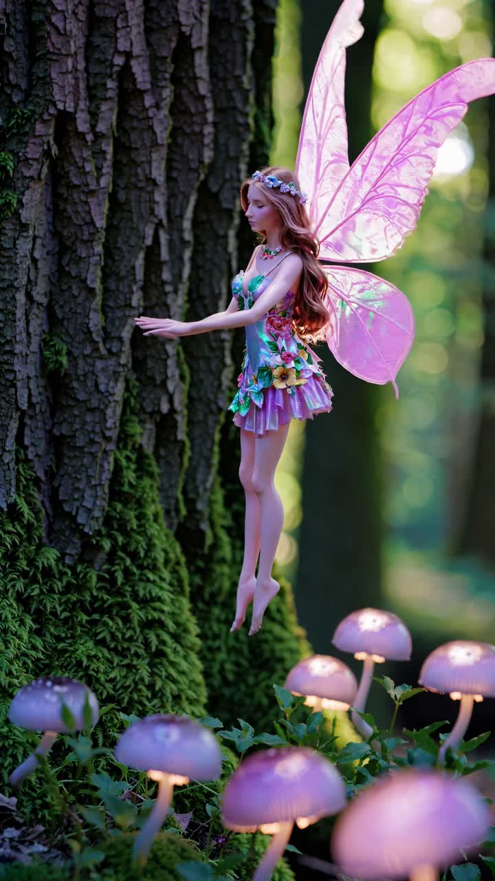 A whimsical fairy with pink wings hovers near a tree in a forest