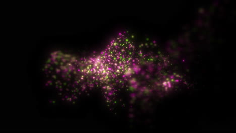 partículas 3d verdes y púrpuras que giran en movimiento fluido