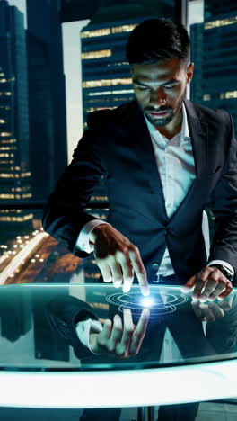 businessman interacting with a futuristic interactive table in a modern office with a city view