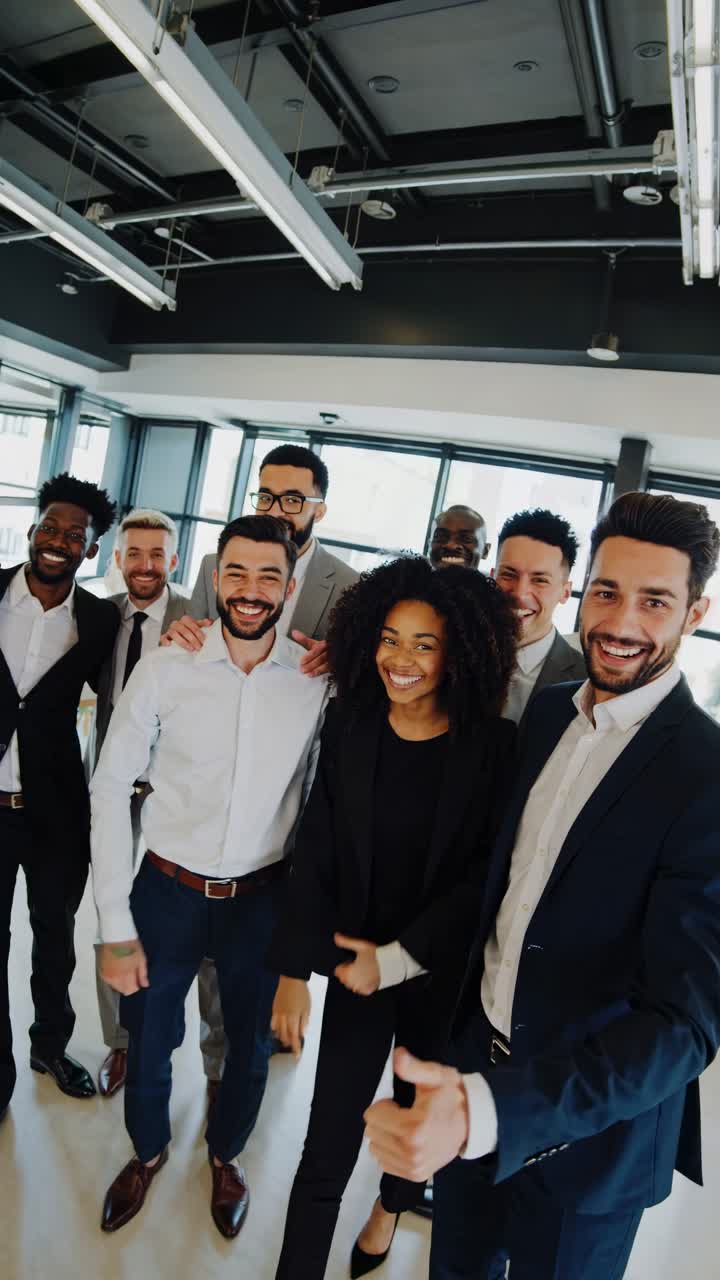 Group of diverse professionals smiling and giving thumbs up in a modern ...