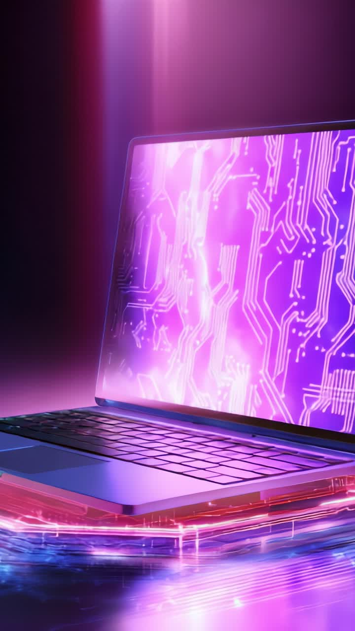 Futuristic laptop showcasing vibrant, colorful circuitry and glowing effects, embodying a high-tech aesthetic in a mesmerizing digital environment