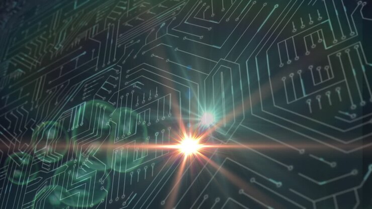 Animation of glowing spots over computer circuit board