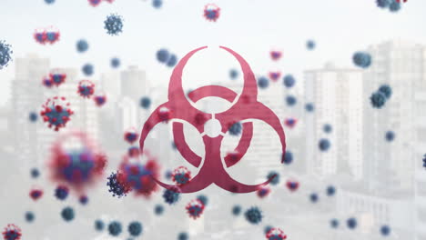 animation of biohazard sign over cityscape and coronavirus cells floating