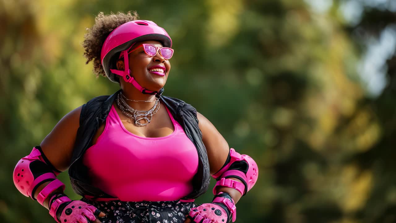 Joyful Roller Skating Experience: A Confident Individual Embraces the Thrill and Style of Roller Skating, Showcasing Vibrant Attire and Protective Gear in a Lush Outdoor Setting