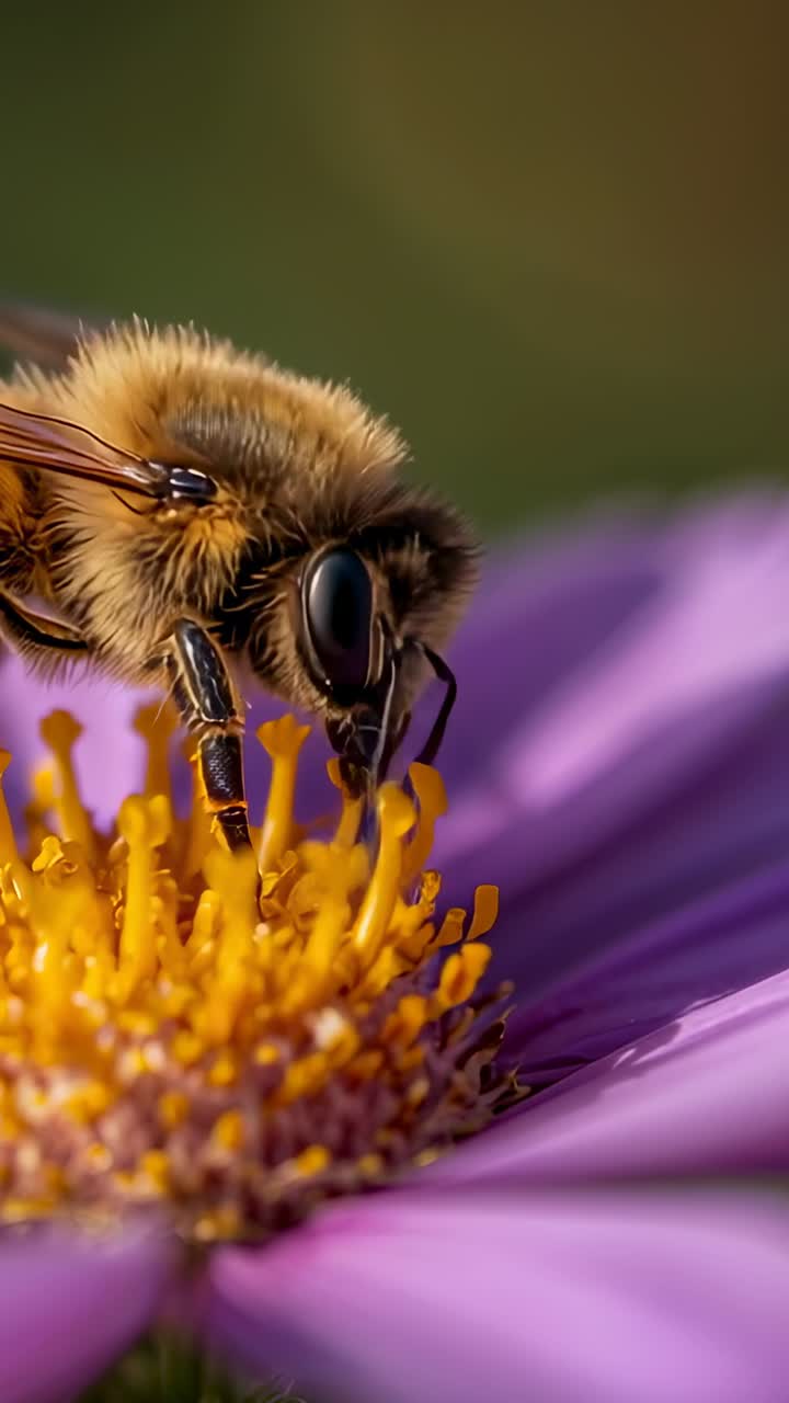 Vertical video: Nectar drawing worker bee probing daisy center in garden, gathering pollen