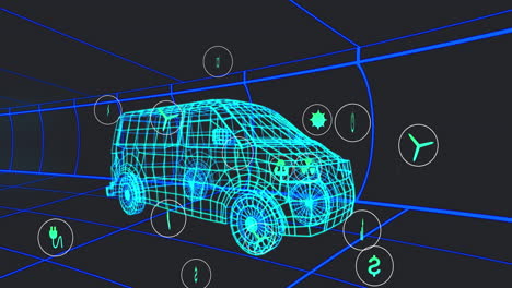 animación de iconos que procesan datos de estado sobre un modelo de furgoneta 3d que se mueve sobre un fondo negro