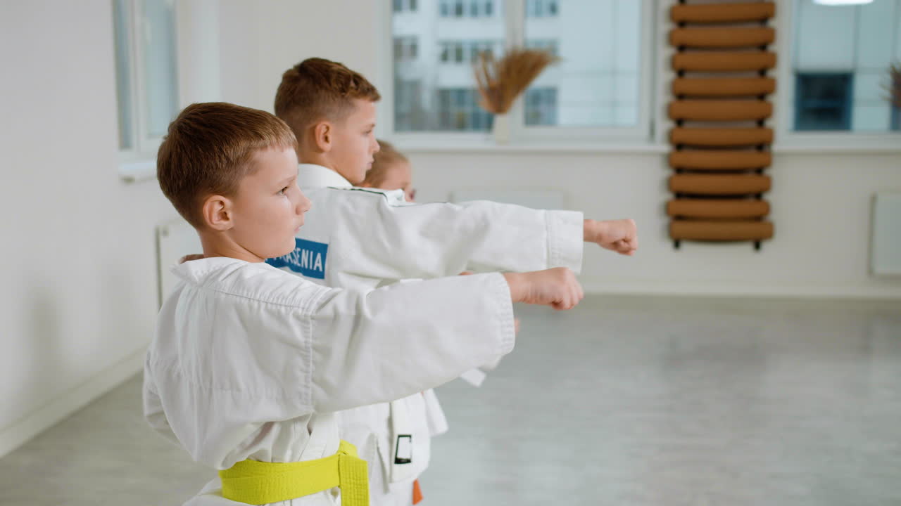 무술 수업에서  키모노를 입은 아이들